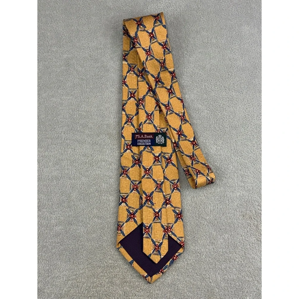 Jos A Bank Premier Collection Silk Tie Gold Navy Blue Geometric Lattice USA Made